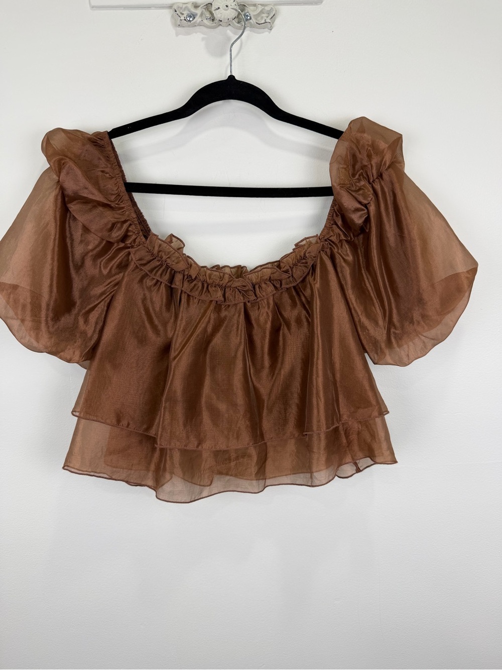 4SI3NNA Bronze Organza Puff Sleeve Crop Top Fairycore Y2K